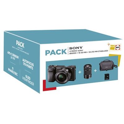 Fnac Pack Sony Alpha A6000 Hybride Behuizing Zwart + 16-50 mm Lens + 55-210 mm Gestabiliseerd + Opbergtas + 16GB SD-Kaart Fnac Pack Sony Alpha A6000 Hybride Behuizing Zwart + 16-50 mm Lens + 55-210 mm Gestabiliseerd + Opbergtas + 16GB SD-Kaart