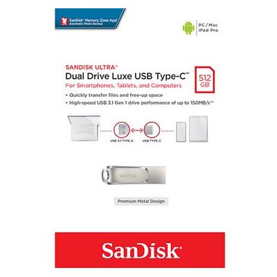 SanDisk Ultra Luxe USB 3.1 Type-C 512 GB zilver USB-flashstation SanDisk Ultra Luxe USB 3.1 Type-C 512 GB zilver USB-flashstation