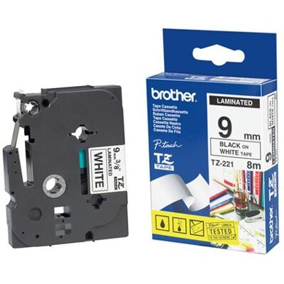 Brother TZ221 - Zwart op wit - Rol (0,9 cm x 8 m) gelamineerde tape - voor P-Touch PT-1010, 1080, 1090, 1230, 1290, 18, 2100, 2110, 2430, 3600, 7100, 9800, PT-GL-200 Brother TZ221 - Zwart op wit - Rol (0,9 cm x 8 m) gelamineerde tape - voor P-Touch PT-1010, 1080, 1090, 1230, 1290, 18, 2100, 2110, 2430, 3600, 7100, 9800, PT-GL-200