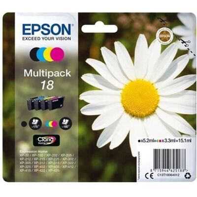 Epson 18 Multipack - 4 - 15.1 ml - zwart, geel, cyaan, magenta - origineel - inktcartridge - voor Expression Home XP-212, 215, 225, 312, 315, 322, 325, 412, 415, 422, 425 Epson 18 Multipack - 4 - 15.1 ml - zwart, geel, cyaan, magenta - origineel - inktcartridge - voor Expression Home XP-212, 215, 225, 312, 315, 322, 325, 412, 415, 422, 425