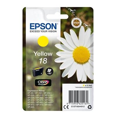 Epson 18 - 3.3 ml - geel - origineel - inktcartridge - voor Expression Home XP-212, 215, 225, 312, 315, 322, 325, 412, 415, 422, 425 Epson 18 - 3.3 ml - geel - origineel - inktcartridge - voor Expression Home XP-212, 215, 225, 312, 315, 322, 325, 412, 415, 422, 425