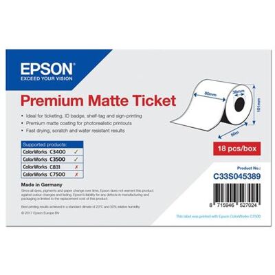 Epson Premium - Mat - Rol (8 cm x 50 m) 1 rol(len) kaartjes - voor Epson GP-C831, TM-C3400; ColorWorks CW-C4000, TM-C7500; TM C3400, C3500 Epson Premium - Mat - Rol (8 cm x 50 m) 1 rol(len) kaartjes - voor Epson GP-C831, TM-C3400; ColorWorks CW-C4000, TM-C7500; TM C3400, C3500