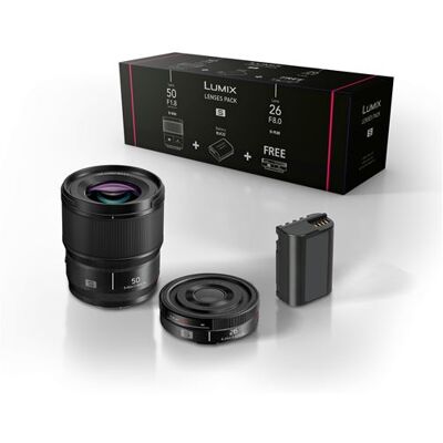 Panasonic Accessoireset Lumix met vaste groothoeklens 26 mm S-R26E + vaste portretlens Lumix S 50 mm f1.8m S-S50ME + DMW-BLK22EB-batterij voor Lumix S5 en S9 Zwart Panasonic Accessoireset Lumix met vaste groothoeklens 26 mm S-R26E + vaste portretlens Lumix S 50 mm f1.8m S-S50ME + DMW-BLK22EB-batterij voor Lumix S5 en S9 Zwart