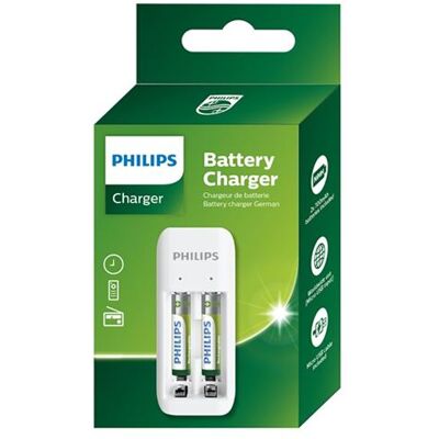 Philips Pakket met batterijlader Wit + 2 herlaadbare AAA LR03-batterijen van 700 mAh Philips Pakket met batterijlader Wit + 2 herlaadbare AAA LR03-batterijen van 700 mAh