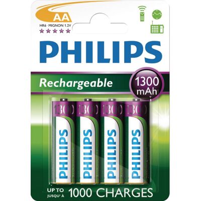 Philips Set van 4 herlaadbare AA LR6 1300 mAh batterijen Philips Set van 4 herlaadbare AA LR6 1300 mAh batterijen