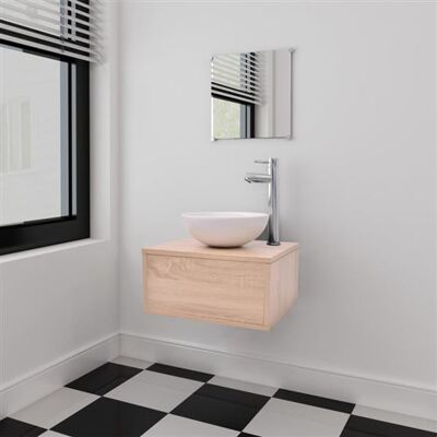 vidaXL Badkamermeubelset 4-delig met kraan en wasbak beige273686 vidaXL Badkamermeubelset 4-delig met kraan en wasbak beige273686