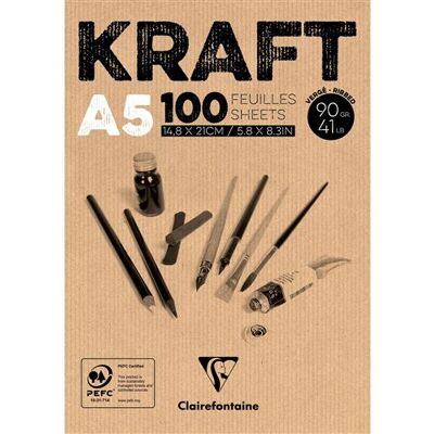 Gelijmd blok van 100 A5 Clairefontaine vellen kraftbruin Gelijmd blok van 100 A5 Clairefontaine vellen kraftbruin