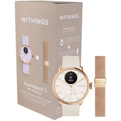 Withings Smartwatch Pack ScanWatch 2 38 mm Zandkleur en Roségoud + Milanees bandje 18 mm Roségoud Withings Smartwatch Pack ScanWatch 2 38 mm Zandkleur en Roségoud + Milanees bandje 18 mm Roségoud