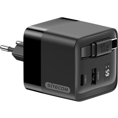 Sitecom USB Lader GaN Power Delivery 65W Intrekbaar Zwart Sitecom USB Lader GaN Power Delivery 65W Intrekbaar Zwart