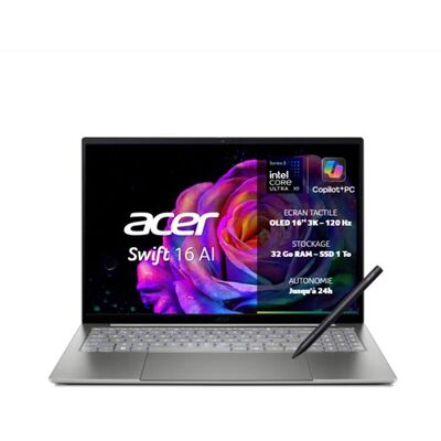 Acer Swift 16 AI SF16-71T - Copilot+ PC - scharnier 180 graden - Intel Core Ultra X9 - 388H / tot 5.1 GHz - Win 11 Home - Intel Arc Graphics B390 - 32 GB RAM - 1.024 TB SSD NVMe - 16" OLED aanraakscherm 2880 x 1800 (WQXGA+) @ 120 Hz - Wi-Fi 7, Bluetooth 6 Acer Swift 16 AI SF16-71T - Copilot+ PC - scharnier 180 graden - Intel Core Ultra X9 - 388H / tot 5.1 GHz - Win 11 Home - Intel Arc Graphics B390 - 32 GB RAM - 1.024 TB SSD NVMe - 16" OLED aanraakscherm 2880 x 1800 (WQXGA+) @ 120 Hz - Wi-Fi 7, Bluetooth 6