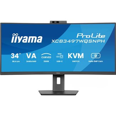 iiyama ProLite XCB3497WQSNPH-B1 - LED-monitor - gebogen - 34" (31.3" zichtbaar) - 3440 x 1440 UWQHD @ 120 Hz - VA - 300 cd/m² - 3000:1 - 0.4 ms - 2xHDMI, DisplayPort, USB-C - luidsprekers - matzwart iiyama ProLite XCB3497WQSNPH-B1 - LED-monitor - gebogen - 34" (31.3" zichtbaar) - 3440 x 1440 UWQHD @ 120 Hz - VA - 300 cd/m² - 3000:1 - 0.4 ms - 2xHDMI, DisplayPort, USB-C - luidsprekers - matzwart