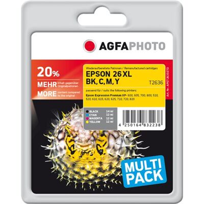 AgfaPhoto Multi pack - 4 - zwart, geel, cyaan, magenta - compatibel - blister - gereviseerd - inktcartridge (alternatief voor: Epson 26XL, Epson C13T26364010, Epson T2636) - voor Epson Expression Premium XP-510, 520, 600, 610, 615, 620, 625, 710, 720, 800 AgfaPhoto Multi pack - 4 - zwart, geel, cyaan, magenta - compatibel - blister - gereviseerd - inktcartridge (alternatief voor: Epson 26XL, Epson C13T26364010, Epson T2636) - voor Epson Expression Premium XP-510, 520, 600, 610, 615, 620, 625, 710, 720, 800
