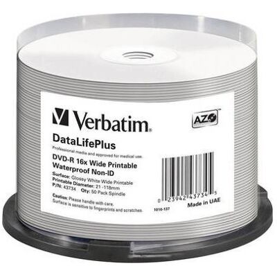 Verbatim DataLifePlus - 50 x DVD-R - 4.7 GB 16x - inkjet-bedrukbaar oppervlak, breed bedrukbaar oppervlak - spindel Verbatim DataLifePlus - 50 x DVD-R - 4.7 GB 16x - inkjet-bedrukbaar oppervlak, breed bedrukbaar oppervlak - spindel