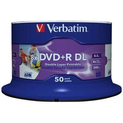 Verbatim - 50 x DVD+R DL - 8.5 GB 8x - inkjet-bedrukbaar oppervlak - spindel Verbatim - 50 x DVD+R DL - 8.5 GB 8x - inkjet-bedrukbaar oppervlak - spindel