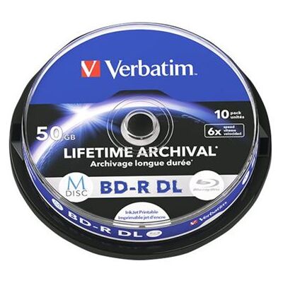 Verbatim M-Disc - 10 x BD-R DL - 50 GB 6x - inkjet-bedrukbaar oppervlak - spindel Verbatim M-Disc - 10 x BD-R DL - 50 GB 6x - inkjet-bedrukbaar oppervlak - spindel