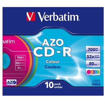 Verbatim AZO Colours - 10 x CD-R - 700 MB (80 min.) 52x - blauw, magenta, groen, oranje, violet - slim jewel case Verbatim AZO Colours - 10 x CD-R - 700 MB (80 min.) 52x - blauw, magenta, groen, oranje, violet - slim jewel case