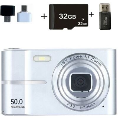 Digitale camera 32 GB, Aiorber 1080P, 50 MP digitale compactcamera voor kinderen, 16x digitale zoom, 2,4-inch scherm, draagbare compactcamera, zilverkleurig Digitale camera 32 GB, Aiorber 1080P, 50 MP digitale compactcamera voor kinderen, 16x digitale zoom, 2,4-inch scherm, draagbare compactcamera, zilverkleurig