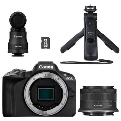 Canon Hybride camera kit EOS R50 + RF-S 18-45mm f/4.5-6.3 IS STM + Micro DM-E100 + Statief grip HG-100TBR Canon Hybride camera kit EOS R50 + RF-S 18-45mm f/4.5-6.3 IS STM + Micro DM-E100 + Statief grip HG-100TBR