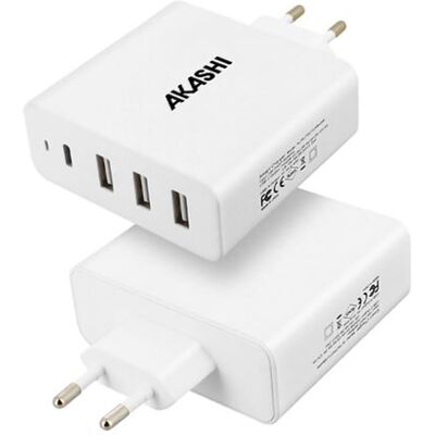 Akashi - Netspanningsadapter - 60 watt - 6 A - PD - 4 uitgangsaansluitingen (3 x USB type A, USB-C) - wit Akashi - Netspanningsadapter - 60 watt - 6 A - PD - 4 uitgangsaansluitingen (3 x USB type A, USB-C) - wit