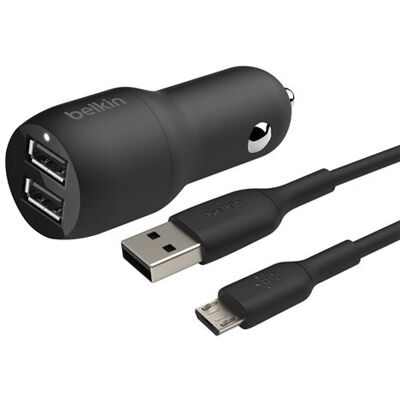 Belkin BoostCharge Dual Charger - Stroomadapter voor auto - 24 Watt - 4.8 A - 2 uitgangsaansluitingen (USB) - op kabel: Micro-USB - zwart Belkin BoostCharge Dual Charger - Stroomadapter voor auto - 24 Watt - 4.8 A - 2 uitgangsaansluitingen (USB) - op kabel: Micro-USB - zwart
