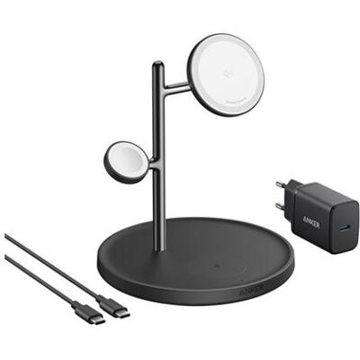 Anker MagGo - Draadloos oplaadstation - 3-in-1 + netadapter - 25 watt - 3 uitgangsaansluitingen (draadloos opladen) - zwart Anker MagGo - Draadloos oplaadstation - 3-in-1 + netadapter - 25 watt - 3 uitgangsaansluitingen (draadloos opladen) - zwart