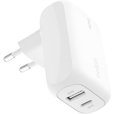 Belkin BoostCharge - Netspanningsadapter - 42 watt - 3 A - PD 3.0 - 2 uitgangsaansluitingen (USB-C, USB) - wit Belkin BoostCharge - Netspanningsadapter - 42 watt - 3 A - PD 3.0 - 2 uitgangsaansluitingen (USB-C, USB) - wit