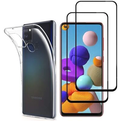 Hoesje voor Samsung Galaxy A21S en 2 geharde glazen Black Edge - Zachte siliconen beschermglas Film Screenprotector Phonillico® Hoesje voor Samsung Galaxy A21S en 2 geharde glazen Black Edge - Zachte siliconen beschermglas Film Screenprotector Phonillico®