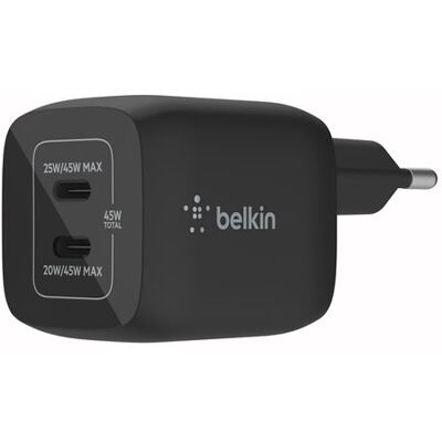 Belkin BoostCharge Pro - Netspanningsadapter - PPS- en GaN-technologie - 45 watt - 3 A - Fast Charge, PD 3.0 - 2 uitgangsaansluitingen (2x USB-C) - zwart Belkin BoostCharge Pro - Netspanningsadapter - PPS- en GaN-technologie - 45 watt - 3 A - Fast Charge, PD 3.0 - 2 uitgangsaansluitingen (2x USB-C) - zwart