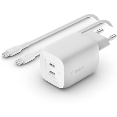 Belkin BoostCharge Pro GaN - Netspanningsadapter - PPS- en GaN-technologie - 65 watt - Fast Charge, PD 3.0 - 2 uitgangsaansluitingen (2x USB-C) - wit Belkin BoostCharge Pro GaN - Netspanningsadapter - PPS- en GaN-technologie - 65 watt - Fast Charge, PD 3.0 - 2 uitgangsaansluitingen (2x USB-C) - wit