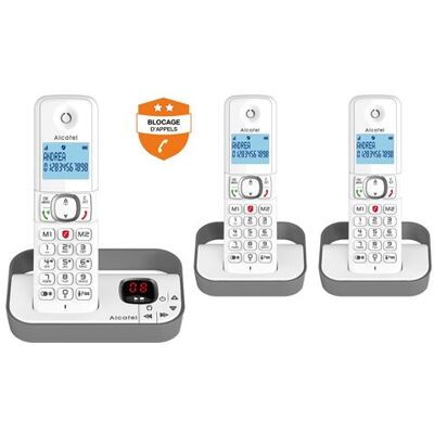 Alcatel Classic F860 Voice Trio - Snoerloze telefoon - antwoordsysteem met nummerherkenning - 3-weg geschikt voor oproepen - grijs + 2 extra handsets Alcatel Classic F860 Voice Trio - Snoerloze telefoon - antwoordsysteem met nummerherkenning - 3-weg geschikt voor oproepen - grijs + 2 extra handsets