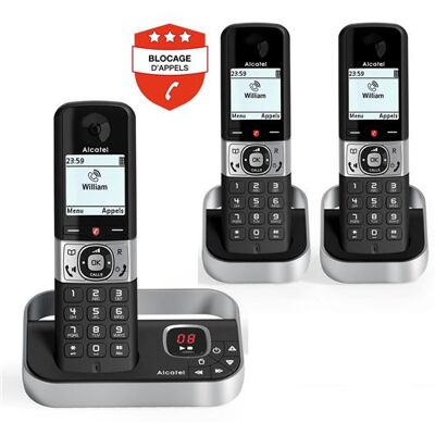 Alcatel F890 Voice Trio draadloze telefoon met antwoordapparaat en oproepblokkering Zwart en zilver Alcatel F890 Voice Trio draadloze telefoon met antwoordapparaat en oproepblokkering Zwart en zilver