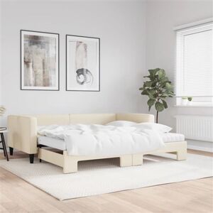 vidaXL Slaapbank met onderschuifbed en matrassen 100x200 cm stof crème vidaXL Slaapbank met onderschuifbed en matrassen 100x200 cm stof crème