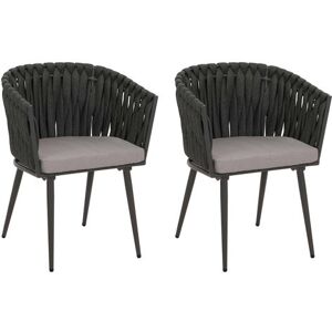 Set van 2 aluminium eetkamerstoelen HWC-N38, armleuning binnenstoel, Olefin rope weave Touw ~ antraciet kussen lichtgrijs Set van 2 aluminium eetkamerstoelen HWC-N38, armleuning binnenstoel, Olefin rope weave Touw ~ antraciet kussen lichtgrijs