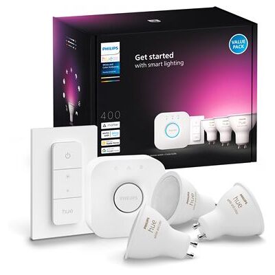 Philips Hue Starterspakket van 3 Philips Smart lampen Hue White en Color Ambiance GU10 Wit + afstandsbediening Philips Hue Starterspakket van 3 Philips Smart lampen Hue White en Color Ambiance GU10 Wit + afstandsbediening