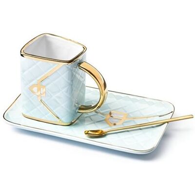 Tas Handtas met Bord Lepel Gevoerde Mok Blauw en Goud Tas Handtas met Bord Lepel Gevoerde Mok Blauw en Goud