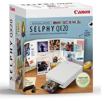 Canon Fotoprinter Pack Selphy Qx20 Wit Voor Smartphone + Exclusief Mini-visionboard + 20 Afdrukken Canon Fotoprinter Pack Selphy Qx20 Wit Voor Smartphone + Exclusief Mini-visionboard + 20 Afdrukken