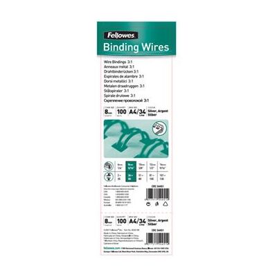 Fellowes - 8 mm - 34 ringen - A4 (210 x 297 mm) - 50 vellen - zilver - 100 stuks inbinddraad - voor Fellowes Galaxy E, Galaxy Wire, Quasar 130 Fellowes - 8 mm - 34 ringen - A4 (210 x 297 mm) - 50 vellen - zilver - 100 stuks inbinddraad - voor Fellowes Galaxy E, Galaxy Wire, Quasar 130
