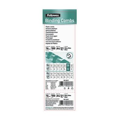 Fellowes Plastic Comb - 16 mm - 30 cm - 21 ringen - A4 (210 x 297 mm) - 150 vellen - blauw - 100 stuks plastic inbindkam - voor Fellowes Galaxy 500, Galaxy E 500, Pulsar 300, Starlet 90 Fellowes Plastic Comb - 16 mm - 30 cm - 21 ringen - A4 (210 x 297 mm) - 150 vellen - blauw - 100 stuks plastic inbindkam - voor Fellowes Galaxy 500, Galaxy E 500, Pulsar 300, Starlet 90