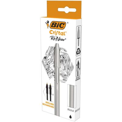 Bic Cristal Re'new Herlaadbare vulpen met zwarte inkt en 2 cartridges Bic Cristal Re'new Herlaadbare vulpen met zwarte inkt en 2 cartridges