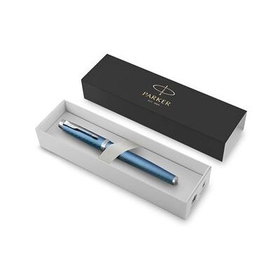 Parker IM Premium Blauw/Grijze Rollerbalpen met fijne punt in chroom Parker IM Premium Blauw/Grijze Rollerbalpen met fijne punt in chroom