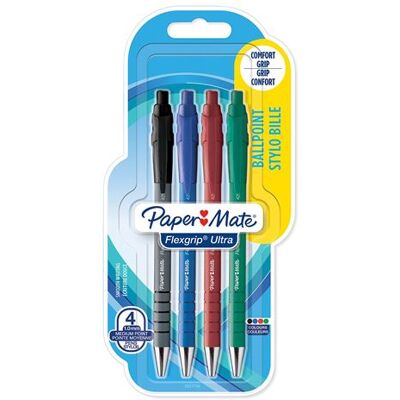 Blisterverpakking van 4 Papermate FlexGrip Ultra intrekbare balpennen in verschillende kleuren Blisterverpakking van 4 Papermate FlexGrip Ultra intrekbare balpennen in verschillende kleuren