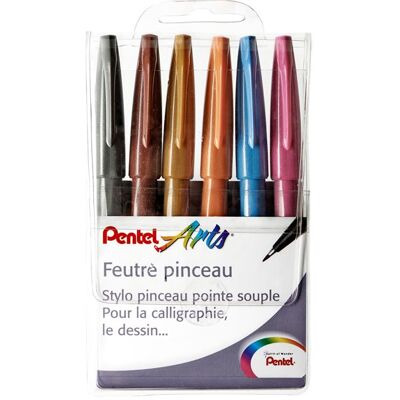 Pentel etui met 6 zachte penseelstiften Pentel etui met 6 zachte penseelstiften