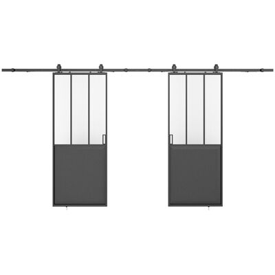 Unique Dubbele hangende schuifdeur met opbouwsysteem - Zwart en gehard glas - 2 x H205 x L83 cm - ARTISTO II - Zwart Unique Dubbele hangende schuifdeur met opbouwsysteem - Zwart en gehard glas - 2 x H205 x L83 cm - ARTISTO II - Zwart