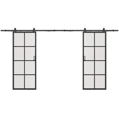 Unique Dubbele hangende schuifdeur met opbouwsysteem - Aluminium en mat gehard glas - 2 x H205 x L93 cm - WILDEN II - Zwart Unique Dubbele hangende schuifdeur met opbouwsysteem - Aluminium en mat gehard glas - 2 x H205 x L93 cm - WILDEN II - Zwart