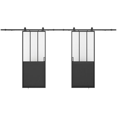 Unique Dubbele schuifdeur in atelierstijl met wandbevestiging - Zwart MDF en gehard glas - 2 x H205 x L73 cm - ARTISTO II - Zwart Unique Dubbele schuifdeur in atelierstijl met wandbevestiging - Zwart MDF en gehard glas - 2 x H205 x L73 cm - ARTISTO II - Zwart