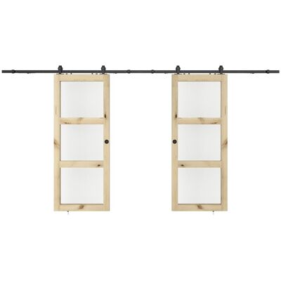 Unique Dubbele schuifdeur met opbouwsysteem in hout en matgehard glas - 3 ramen - 2 x H205 x B63 cm - ACOSTA II - Natuurlijk licht Unique Dubbele schuifdeur met opbouwsysteem in hout en matgehard glas - 3 ramen - 2 x H205 x B63 cm - ACOSTA II - Natuurlijk licht