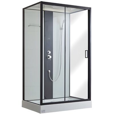 Unique Douchecabine met massagestralen PRIMEA - 2 zones met massagestralen - B120 x D80 x H215 cm - Tropische regenfunctie en handdouchekop - Zwart Unique Douchecabine met massagestralen PRIMEA - 2 zones met massagestralen - B120 x D80 x H215 cm - Tropische regenfunctie en handdouchekop - Zwart