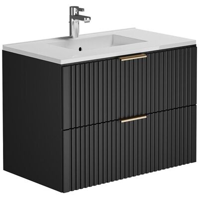 Unique Geribbeld hangmeubel voor badkamer met inbouwwastafel - Zwart - 80 cm - ZEVARA - Zwart Unique Geribbeld hangmeubel voor badkamer met inbouwwastafel - Zwart - 80 cm - ZEVARA - Zwart