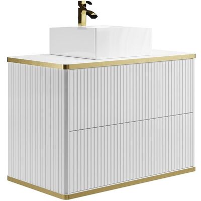 Unique Zwevend, geribbeld badkamermeubel met goudkleurige randen en opbouwwastafel - Wit - 80 cm - KELIZA - Wit Unique Zwevend, geribbeld badkamermeubel met goudkleurige randen en opbouwwastafel - Wit - 80 cm - KELIZA - Wit