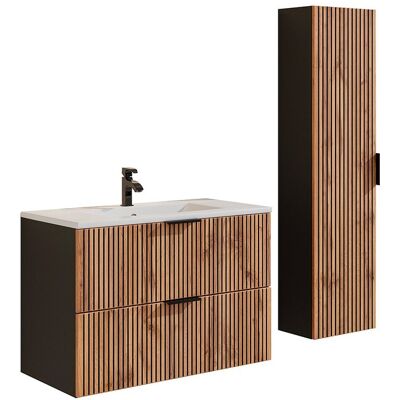 Unique Geribbeld badkamermeubel met inbouwwastafel en kolomkast - Licht naturel en zwart - 80 cm - MADELA - Zwart, Natuurlijk licht Unique Geribbeld badkamermeubel met inbouwwastafel en kolomkast - Licht naturel en zwart - 80 cm - MADELA - Zwart, Natuurlijk licht